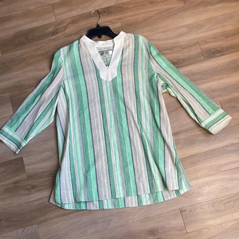 Kasper top print stripes pattern blouse linen blend career business casual L - Picture 4 of 17